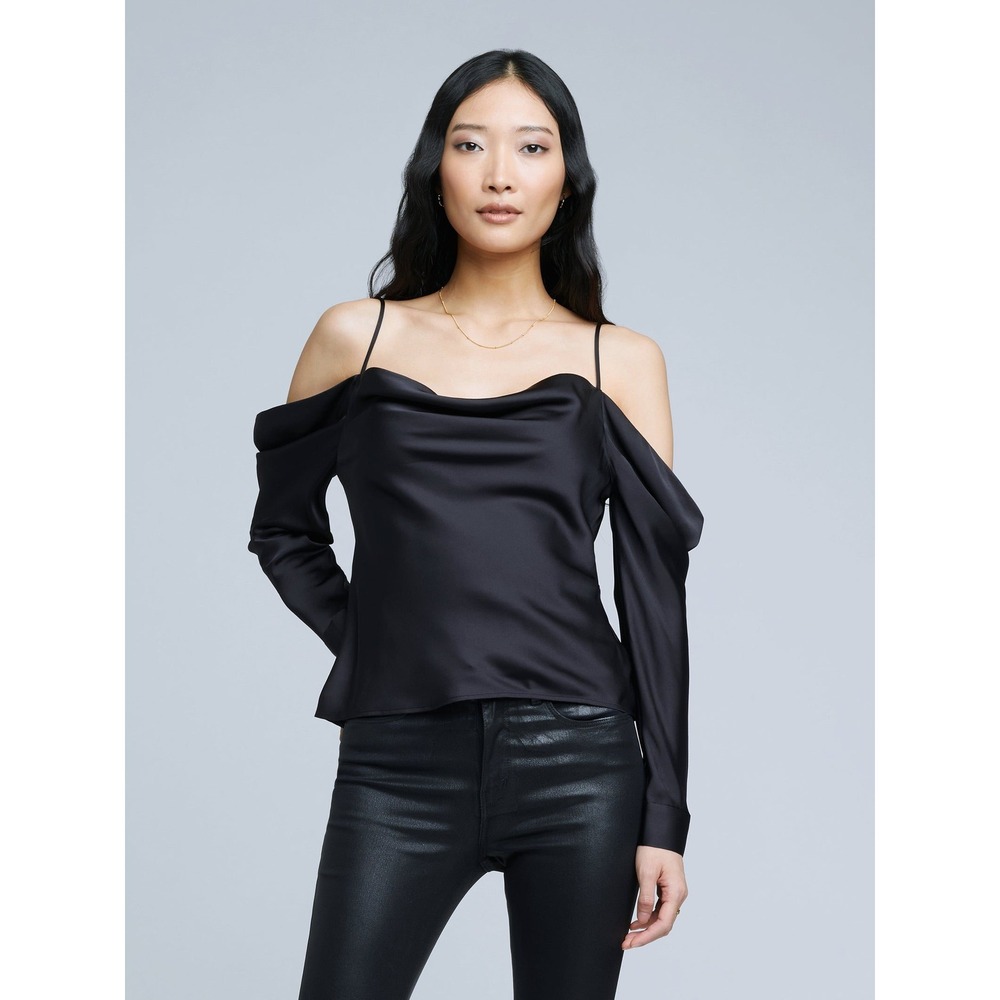 L'AGENCE Women Satin Blouse Zion M Black Cold Shoulder Cowl Neck Romantic Goth